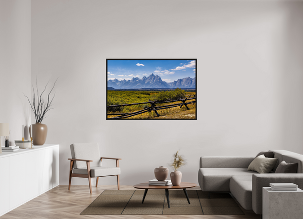 60 x 40″, Floater Frame Buckrail Fence, Teton Range
