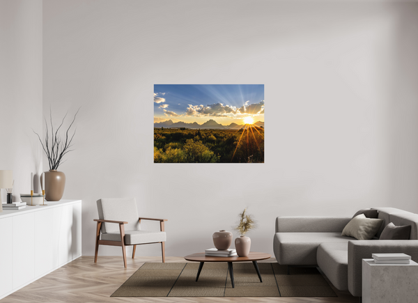 54.6 x 39″, Direct Print on Aluminum Board, Matte Sunset with Teton Range