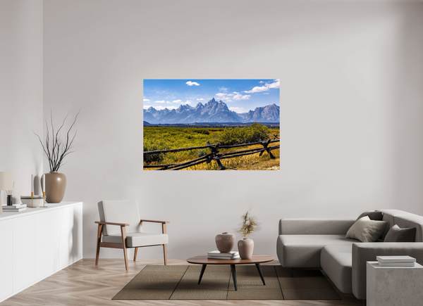 66 x 44″, Canvas with Wrapped Edges, Glossy Buckrail Fence - Teton Range
