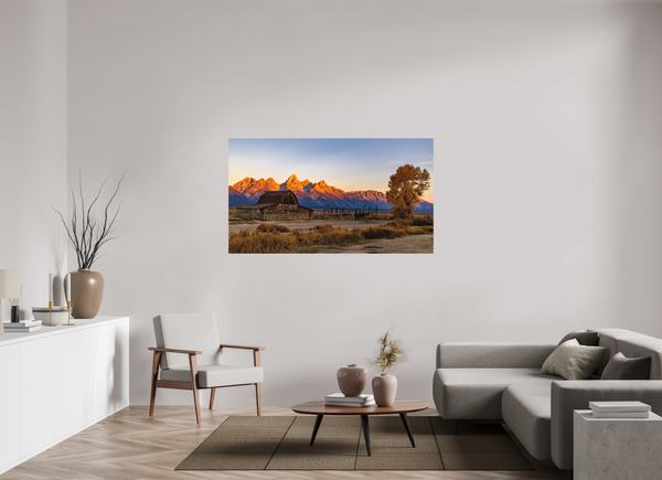 64 x 36″, Direct Print on Aluminum Board, Matte John Moulton Barn with Teton Range