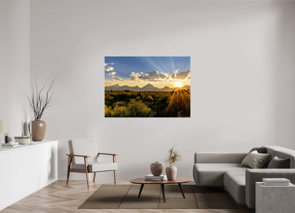 60.2 x 43″, Photo Print Under Acrylic Glass Sunset with Teton Range
