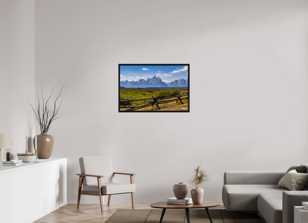36 x 24″, Floater Frame Buckrail Fence, Teton Range