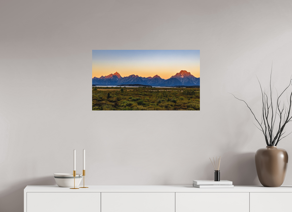 32 x 18″, Direct Print on Aluminum Board, Matte First Light - Teton Range