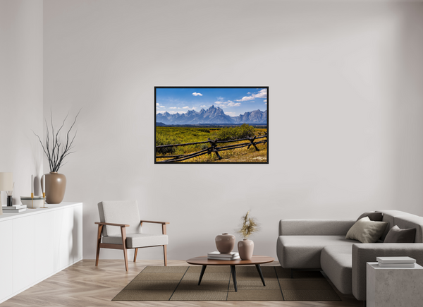 54 x 36″, Floater Frame Buckrail Fence, Teton Range