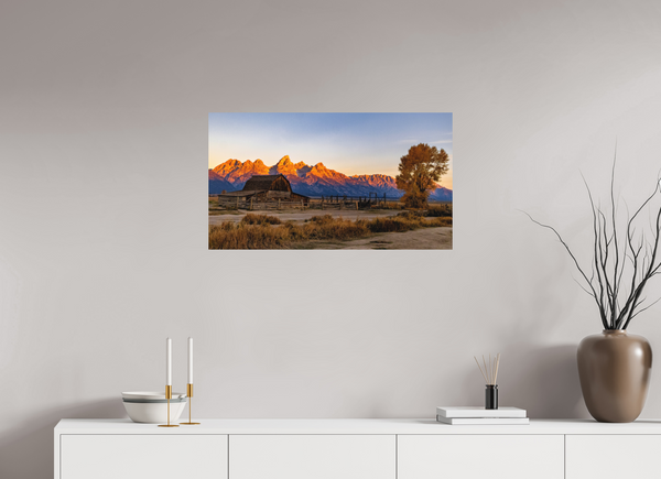 32 x 18″, Direct Print on Aluminum Board, Matte John Moulton Barn with Teton Range