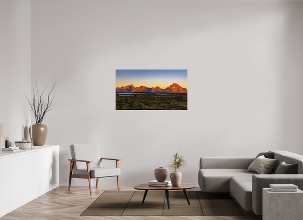 49 x 27.6″, Direct Print on Aluminum Board, Matte Sunrise on the Tetons