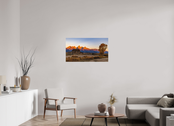 40 x 22.5″, Direct Print on Aluminum Board, Matte John Moulton Barn with Teton Range