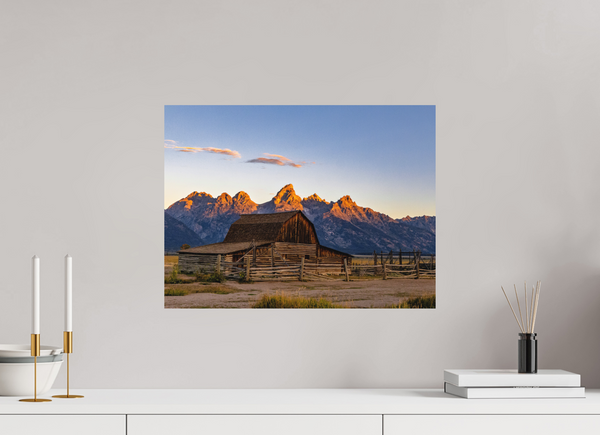 20 x 15″, Direct Print on Aluminum Board, Matte John Moulton Barn with Teton Range