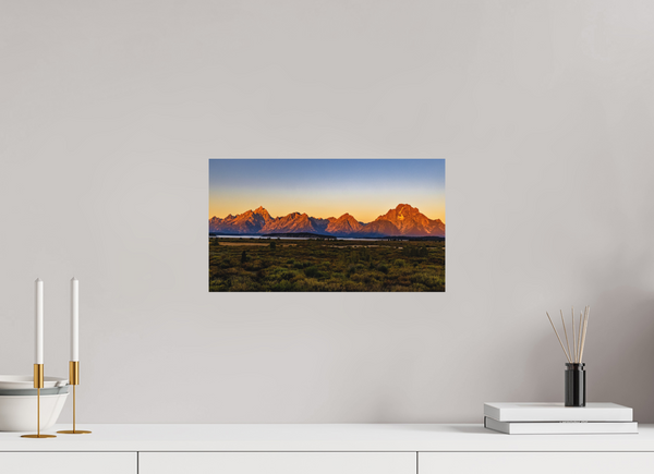 16 x 9″, Direct Print on Aluminum Board, Matte Sunrise on the Tetons