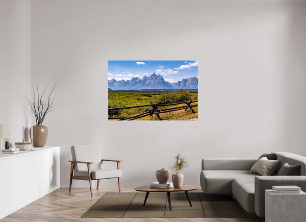 60 x 40″, Canvas with Wrapped Edges, Glossy Buckrail Fence - Teton Range
