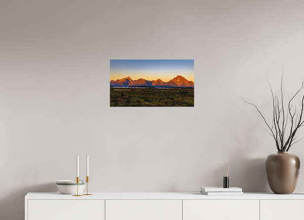 24 x 13.5″, Direct Print on Aluminum Board, Matte Sunrise on the Tetons