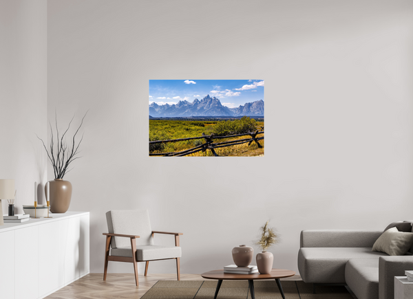 45 x 30″, Canvas with Wrapped Edges, Glossy Buckrail Fence - Teton Range