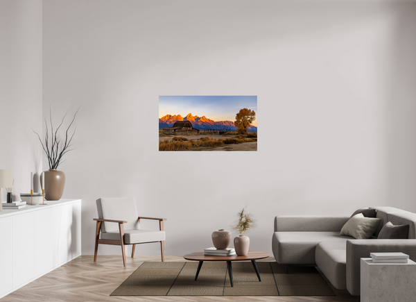 49 x 27.6″, Photo Print On Fuji Crystal DP II John Moulton Barn with Teton Range