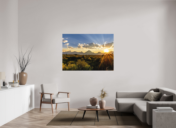 60.2 x 43″, Direct Print on Aluminum Board, Matte Sunset with Teton Range
