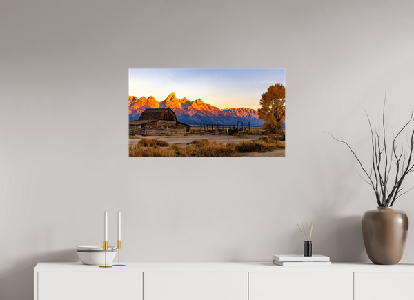 32 x 18″, Canvas with Wrapped Edges, Glossy John Moulton Barn with Teton Range